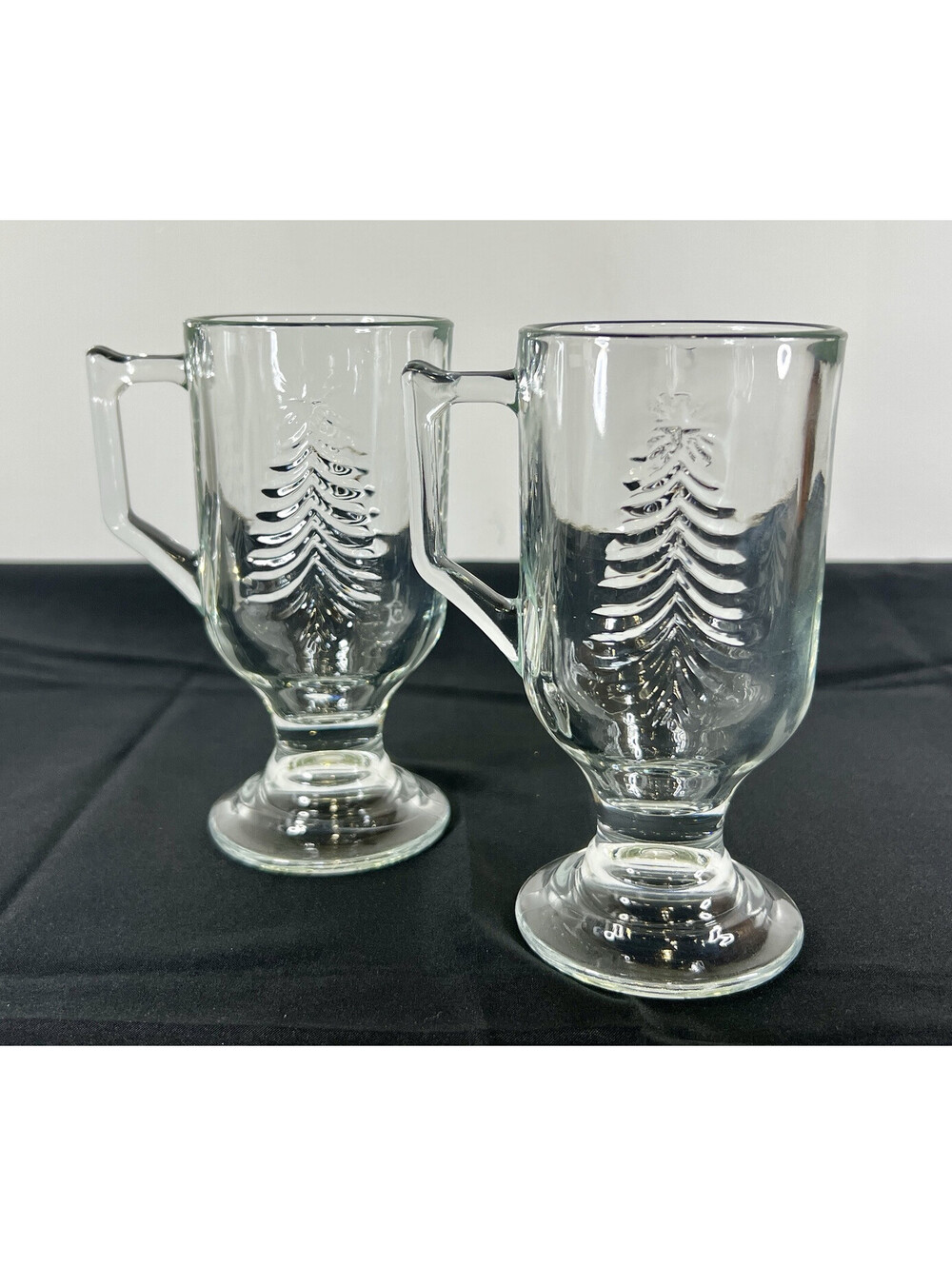 2 Indiana Glass Irish Coffee Footed Mugs Holiday Christmas Trees